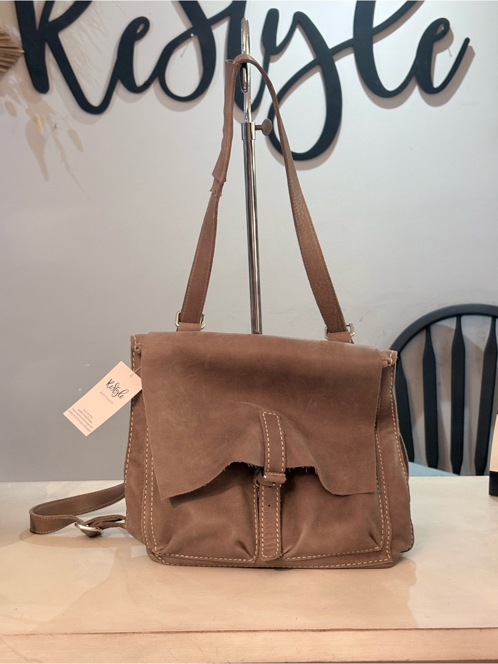 Roots Taupe Suede Flap Satchel with Front Pockets